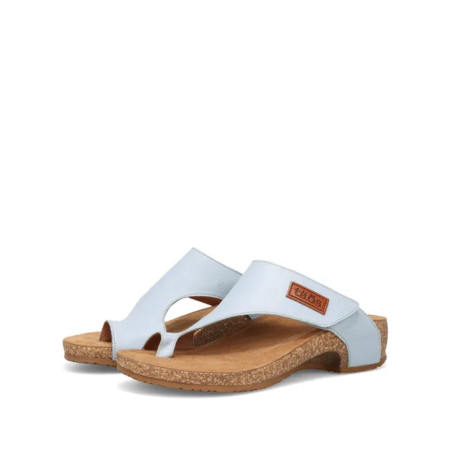 Pair of Women's Taos Loop Sandals in Light Blue Leather with velcro strap and toe post