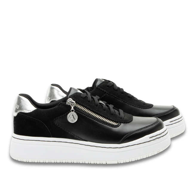 Lateral side of Alegria Women's Averie Sneakers in Black Convertible with side zipper