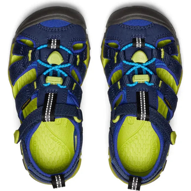 Upper of KEEN Little Kids Seacamp II CNX Sandal in Naval Academy blue and Chartreuse green