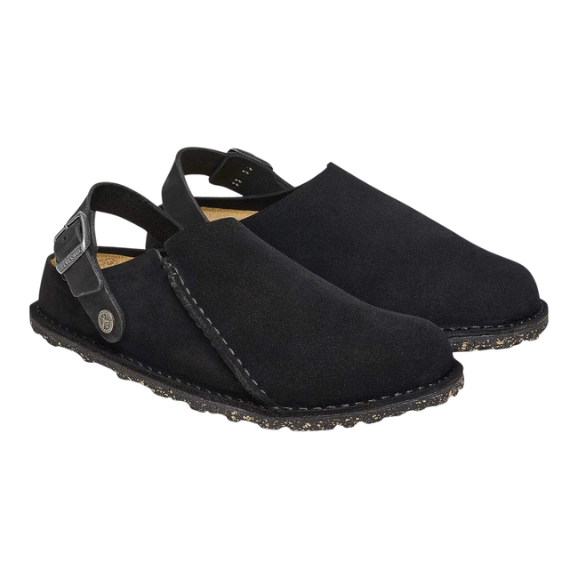Angled pair of Birkenstock Unisex Lutry Suede Clog in Black