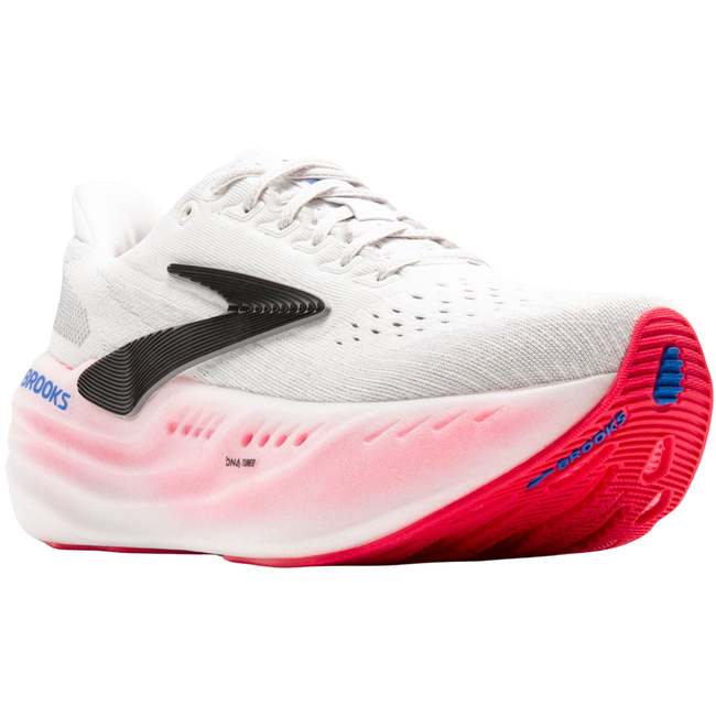 Front of Women's Brooks Glycerin Max Running Shoe. White upper and max cushion pink sole