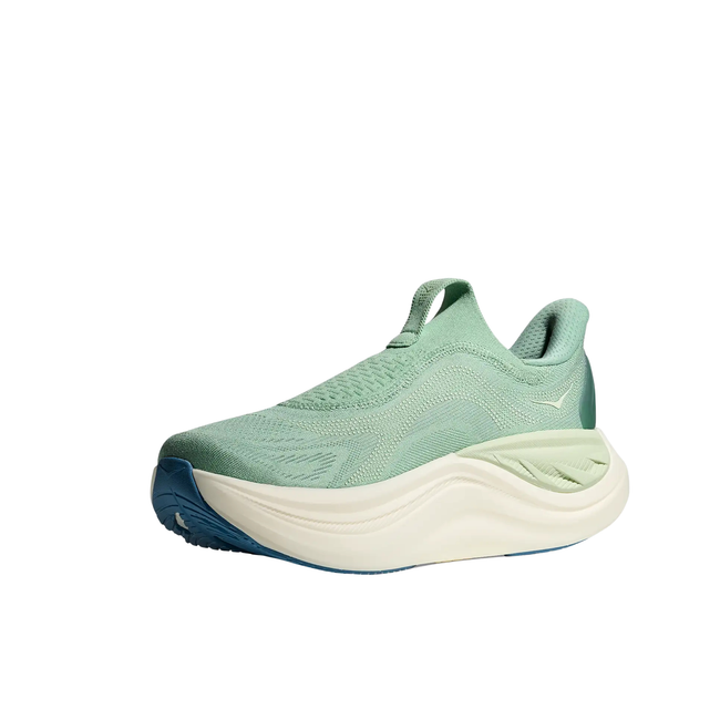 Angled Medial side of Hoka Women's Skyward Laceless Active Recovery Shoe in Jadeite Green