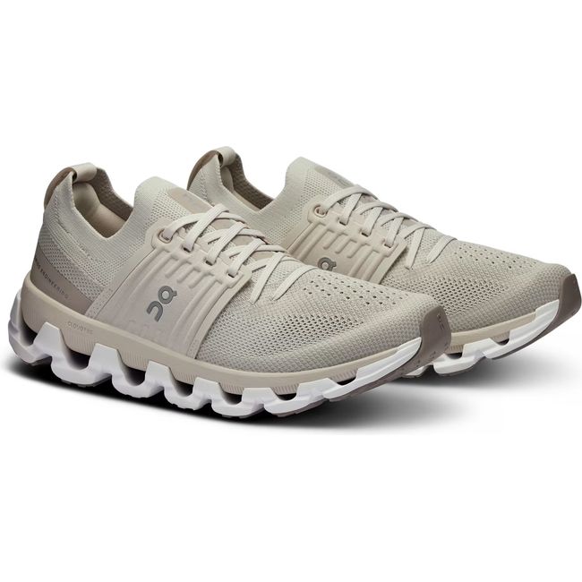 Pair of Women's On Running Cloudswift 3 Running Shoes in Pearl Fog Beige with sock-like upper