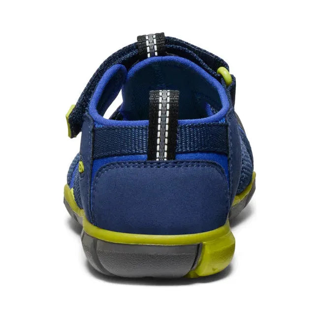 Heel of KEEN Youth Kids Seacamp II CNX Sandal in Naval Academy blue and Chartreuse green