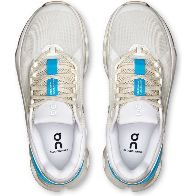 Top down view of On Running Women's Cloudrunner 2 Running Shoes in white horizon