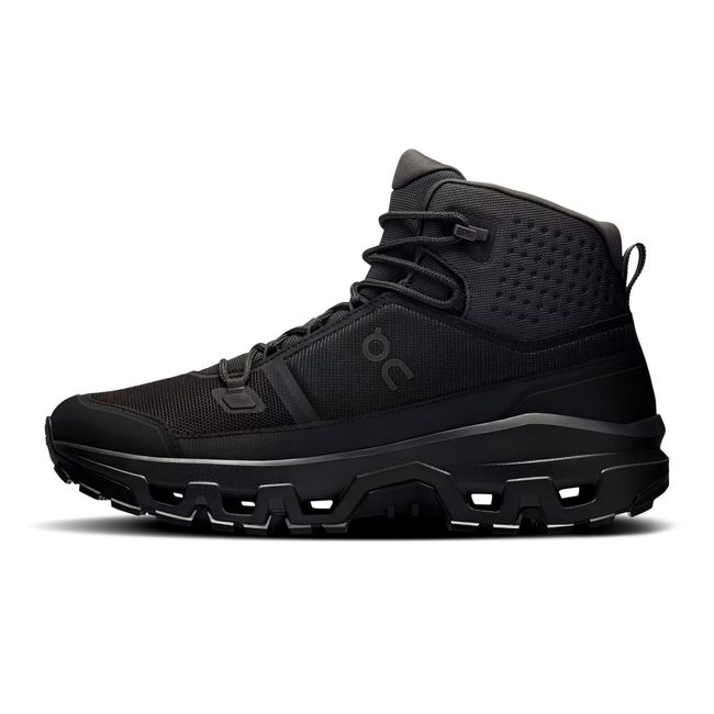 Medial side of On Running Men's Cloudrock Mid Waterproof Hiking Boot in all black