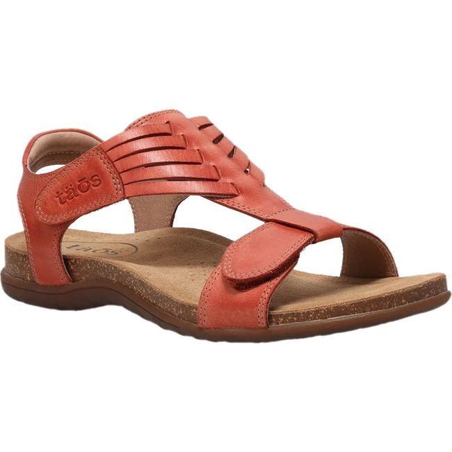 Front angled view of Women&#39;s Taos Wonderful Cork Support Sandal in Bruschetta Red leather