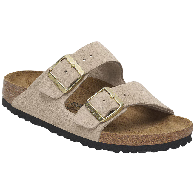 Angled side of Birkenstock Women's Arizona Suede Sandal in Sandcastle Beige