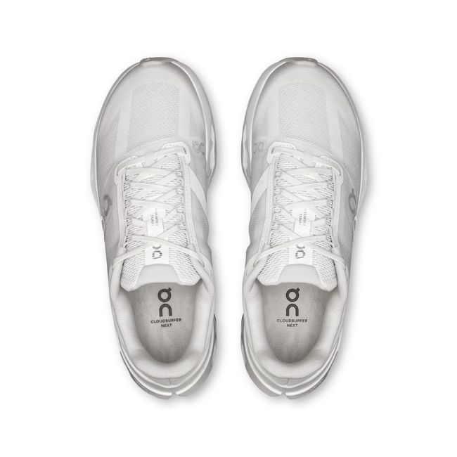 Lace up upper of On Running Women's Cloudsurfer Next Running Shoes in All White