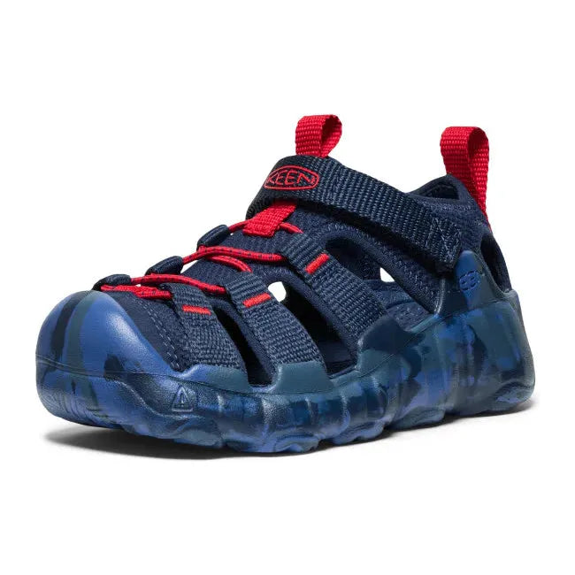 Front angled view of KEEN Kids' Hyperport H2 Sandal in Naval Academy Navy Blue and Red Carpet