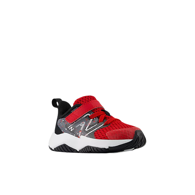 Angled side of New Balance Kids' Rave run V2 top Strap Running Shoe (Infant/Toddler) in Team Red