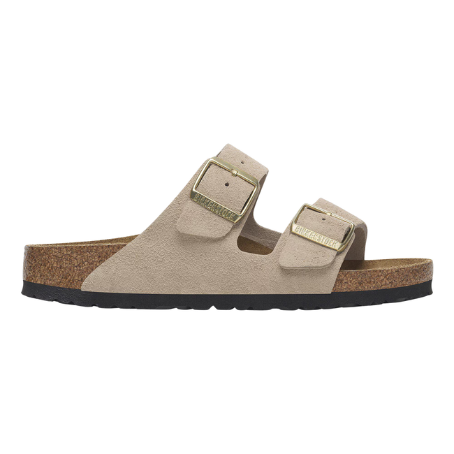 Side of Birkenstock Women's Arizona Suede Sandal in Sandcastle Beige