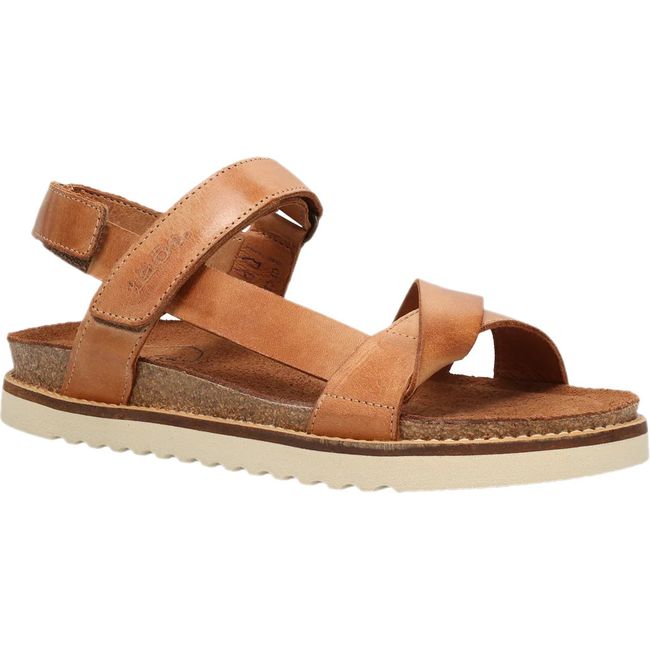 Front angled view of Women's Taos Sideways Sandal in Caramel leather with velcro straps