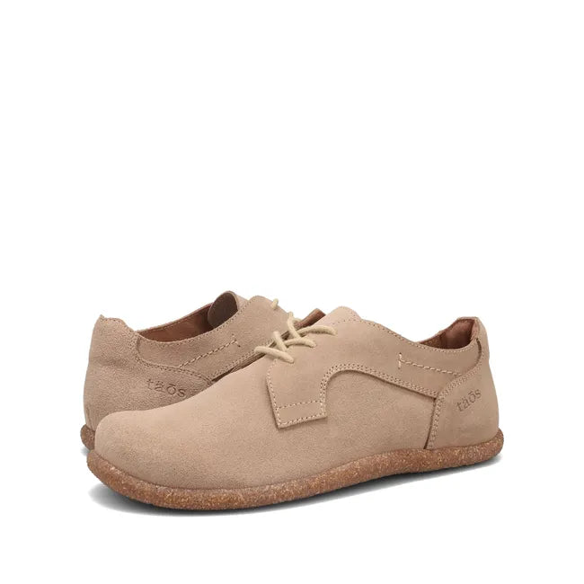 Pair of Women's Taos Utmost Oxford Shoe in sand suede upper color