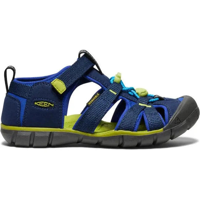 Lateral of KEEN Youth Kids Seacamp II CNX Sandal in Naval Academy blue and Chartreuse green