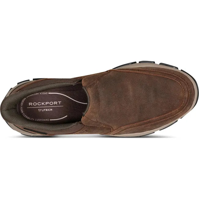 Top down view of Men&#39;s Rockport Reece Step Activated Slip On Shoe in medium brown suede