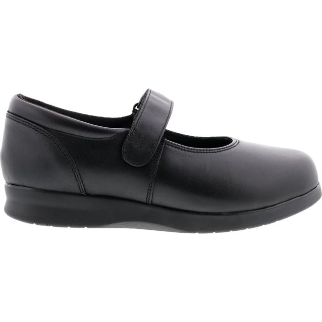 Lateral side of Women's Drew Mary Jane Bloom II Shoe in Black Leather with velcro strap
