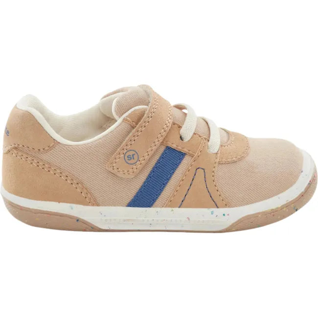 Lateral side of Kids Stride Rite Fern Sneaker in camel tan color with a blue accent and velcro strap