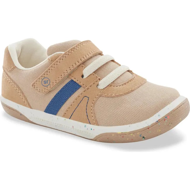 Front angled view of Kids Stride Rite Fern Sneaker in camel tan color with a blue accent