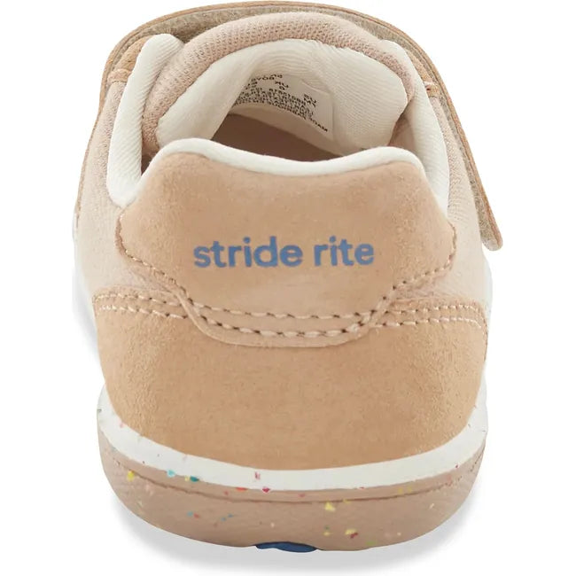 Heel of Kids Stride Rite Fern Sneaker in camel tan color with a velcro strap