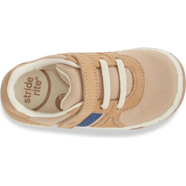 Top down view of Kids Stride Rite Fern Sneaker in camel tan color with a  velcro strap