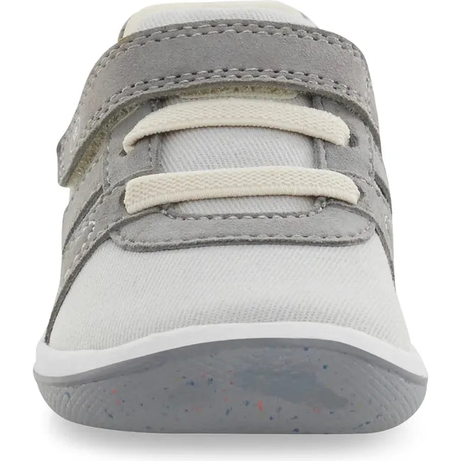 Front of Kids Stride Rite Fern Sneaker in gray and light gray with a velcro strap