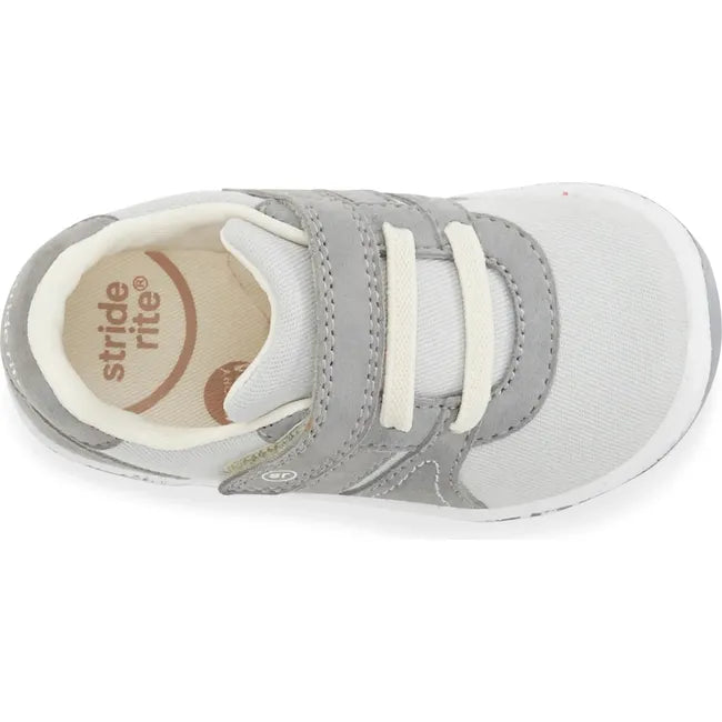 Top down view of Kids Stride Rite Fern Sneaker in gray and light gray with a velcro strap
