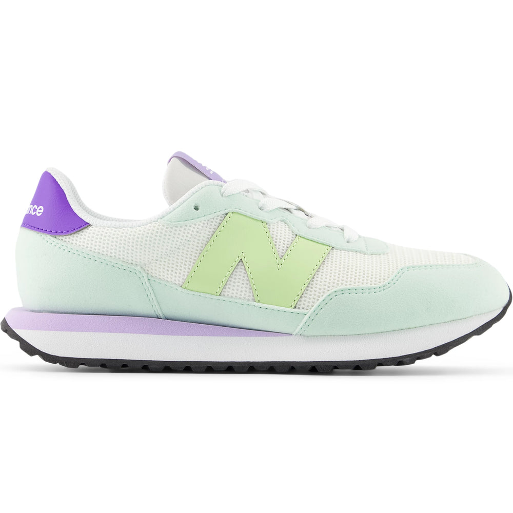 Side of New Balance Kids' 237 sneaker in White/Green