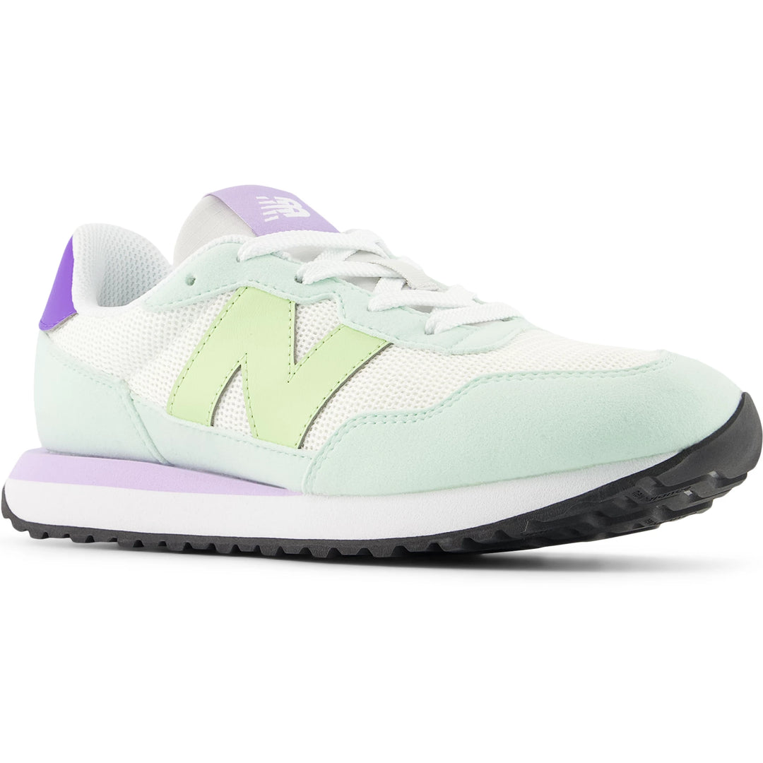 Front angle of New Balance Kids' 237 sneaker in White/Green