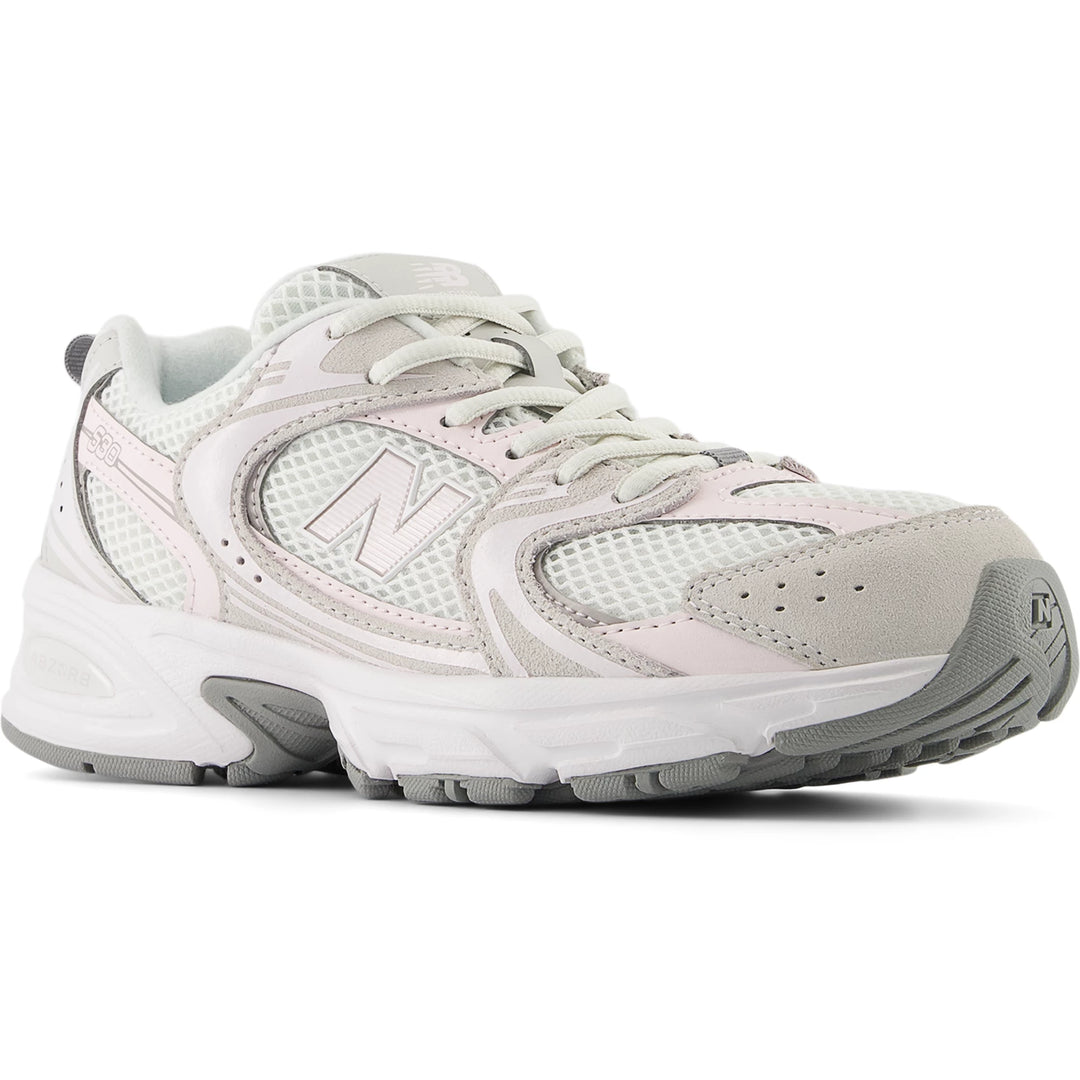 Front angle of New Balance Kids' 530 sneaker in Grey Matter/Pink Salt