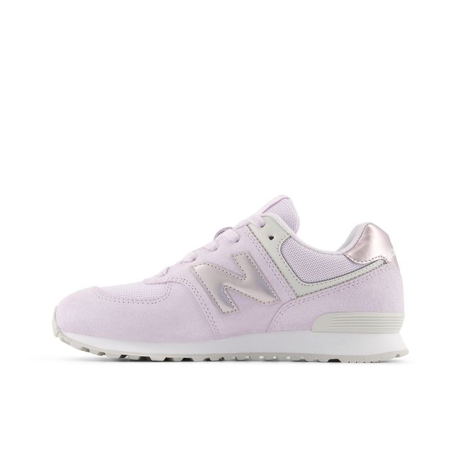 Medial profile of New Balance Kids' 574 Lace in lilac and soft pink