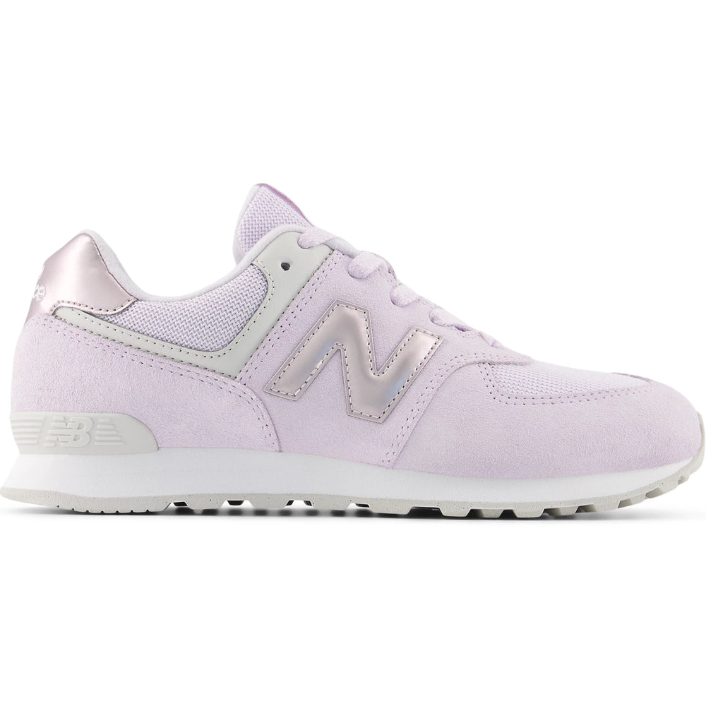 Side of New Balance Kids' 574 sneaker in Taro/Pink Salt