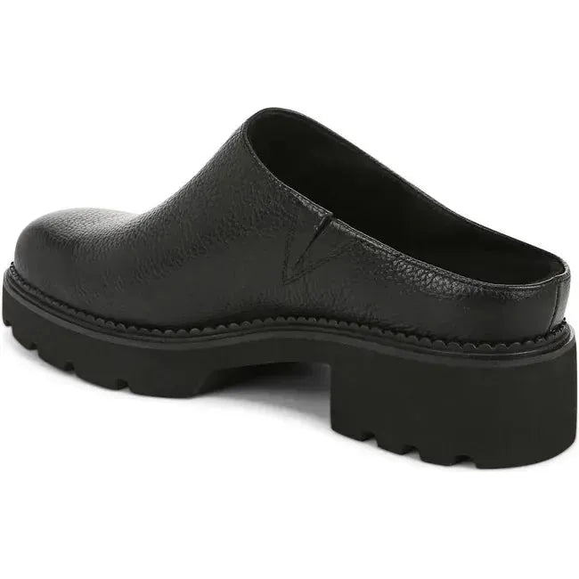 Medial angled view of Women's Vionic Fairfax Mule in all black leather with a block heel