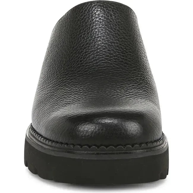 Front of Women's Vionic Fairfax Mule in all black leather with a block heel