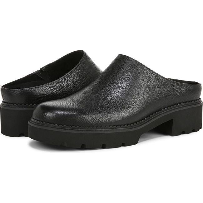 Pair angled view of Women's Vionic Fairfax Mule in all black leather with a block heel