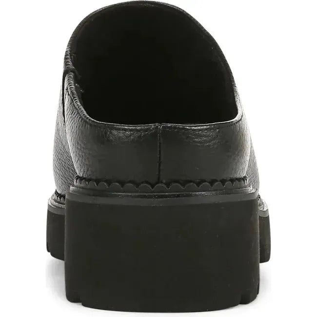 Heel of Women's Vionic Fairfax Mule in all black leather with a block heel