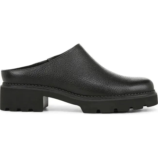 Lateral side of Women's Vionic Fairfax Mule in all black leather with a block heel