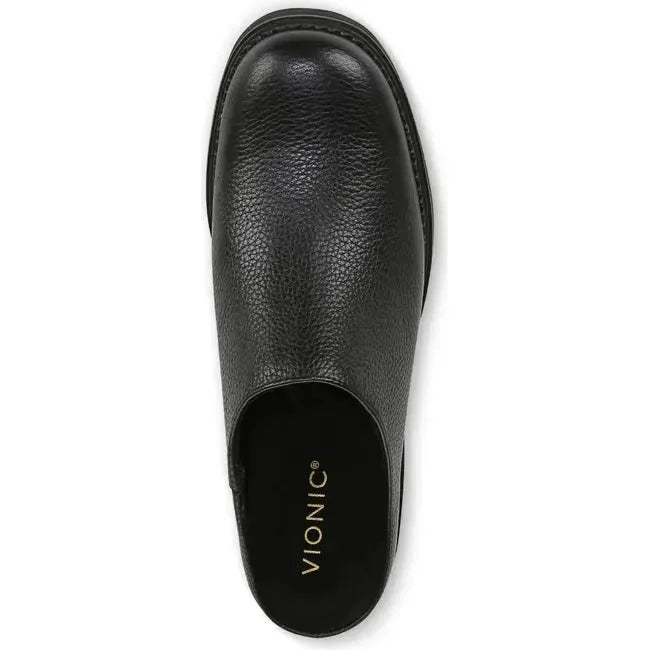 Top down view of Women's Vionic Fairfax Mule in all black leather with a block heel