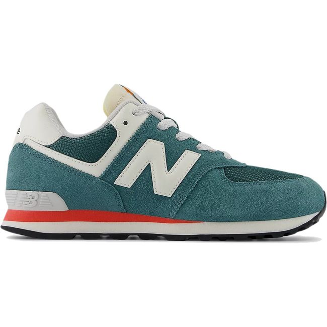 Lateral side of New Balance Big Kids 574 Lifestyle Shoe in New Spruce suede green and Blast Red