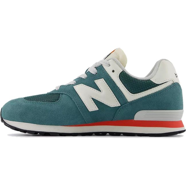Medial side of New Balance Big Kids 574 Lifestyle Shoe in New Spruce suede green and Blast Red