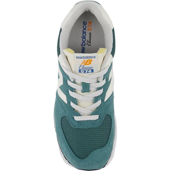 Top down view of New Balance Big Kids 574 Lifestyle Shoe in New Spruce suede green and Blast Red