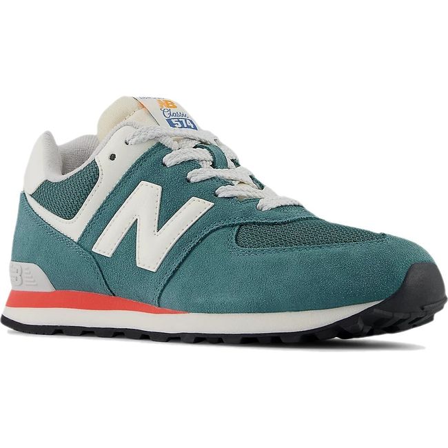 Front angled view of New Balance Big Kids 574 Lifestyle Shoe in New Spruce green and Blast Red