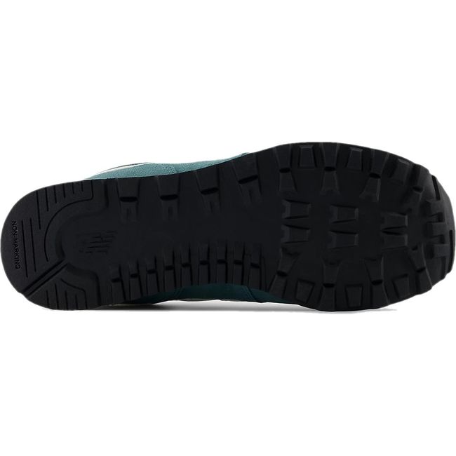 Sole of New Balance Big Kids 574 Lifestyle Shoe in New Spruce green and Blast Red with black tread