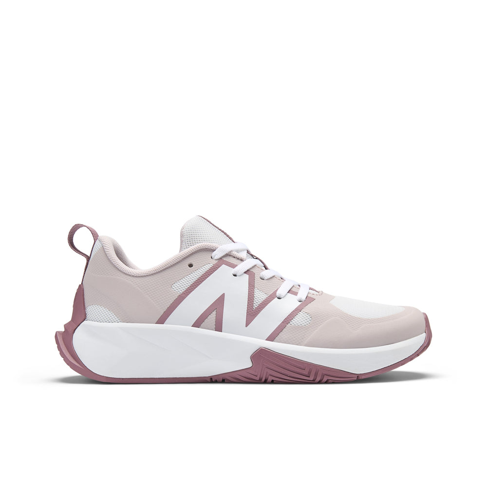 New Balance Kids' FuelCell Play Lace Running Shoe (Youth) in White/Stone Pink/Rosewood, outside view