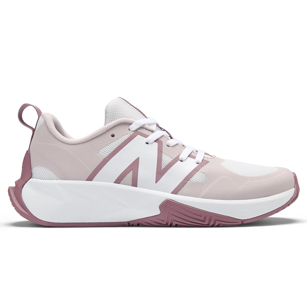 Side of New Balance Kids' FuelCell Play running shoe in White/Stone Pink/Rosewood