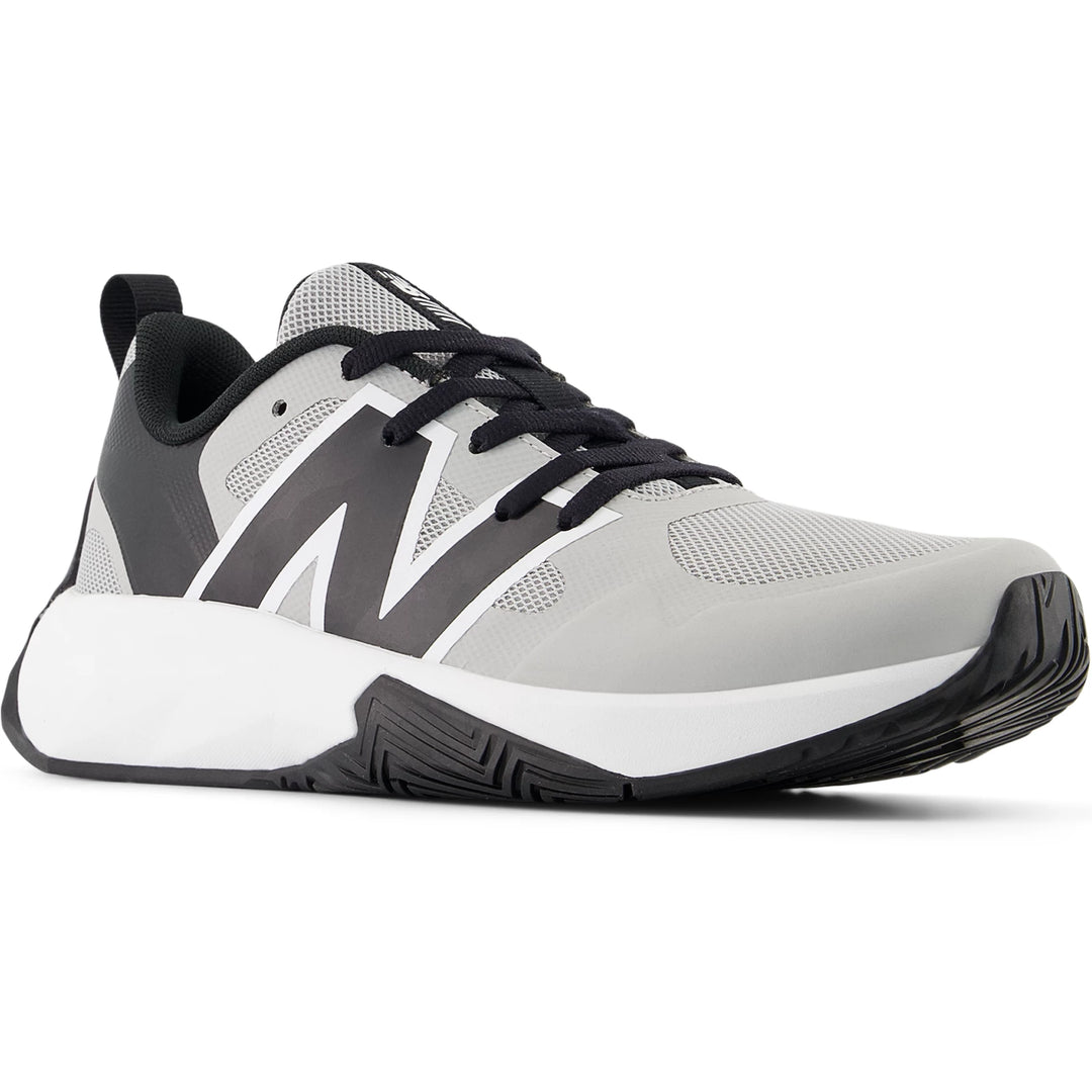 Front angle of New Balance Kids' FuelCell Play running shoe in Rain Cloud/Black/NB White