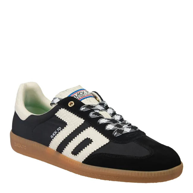 Front angled view of Back 70 Ghost women’s retro fashion street sneaker in black.