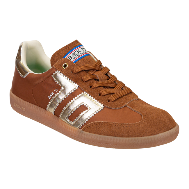 Front angled view of Back 70 Ghost women’s retro fashion street sneaker in brown