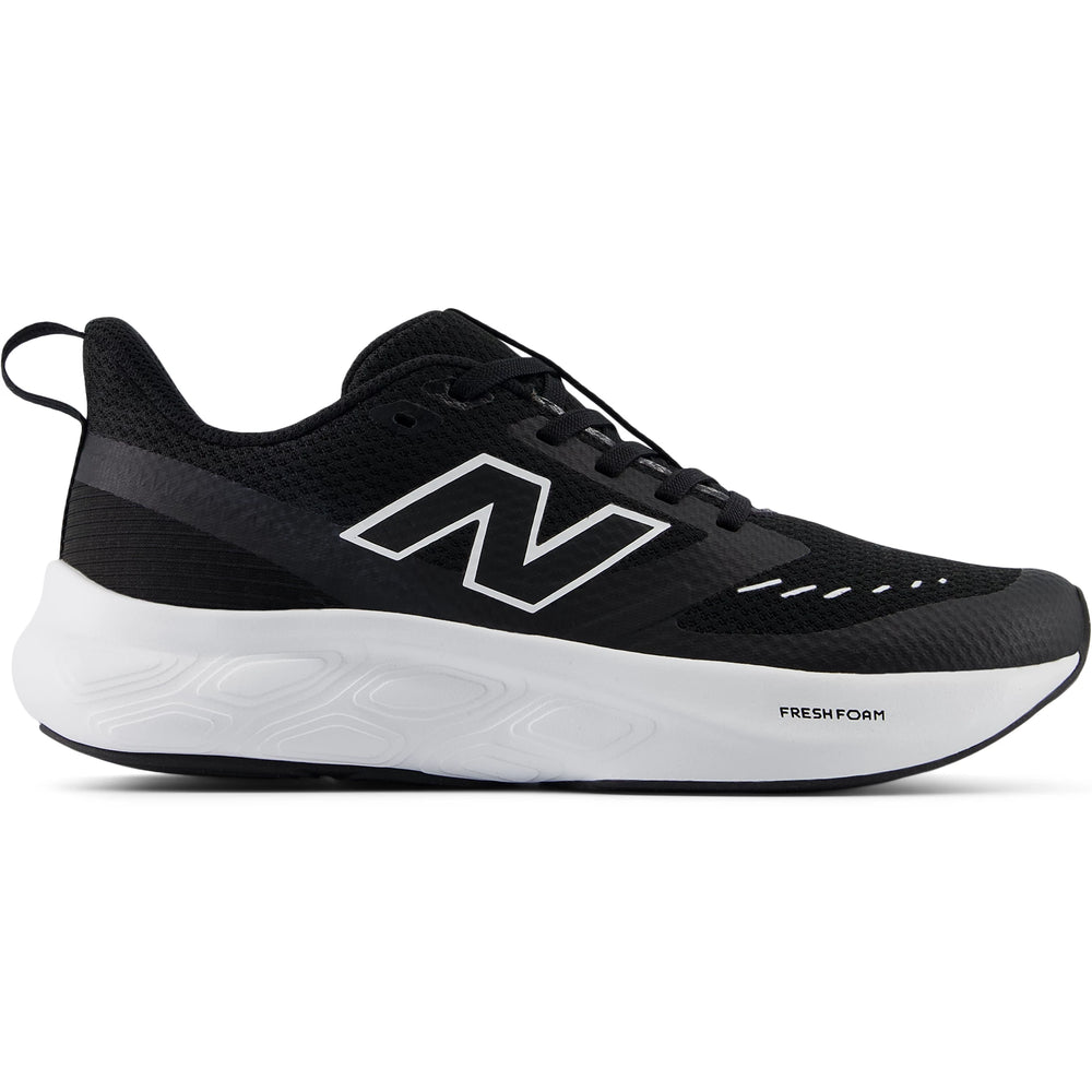 Side of New Balance Kids' Fresh Foam 625 running shoe in Black/White
