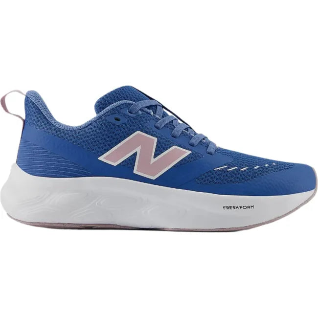 Lateral side of Kids New Balance Fresh Foam 625 Running Shoe in blue with pink accent and white sole